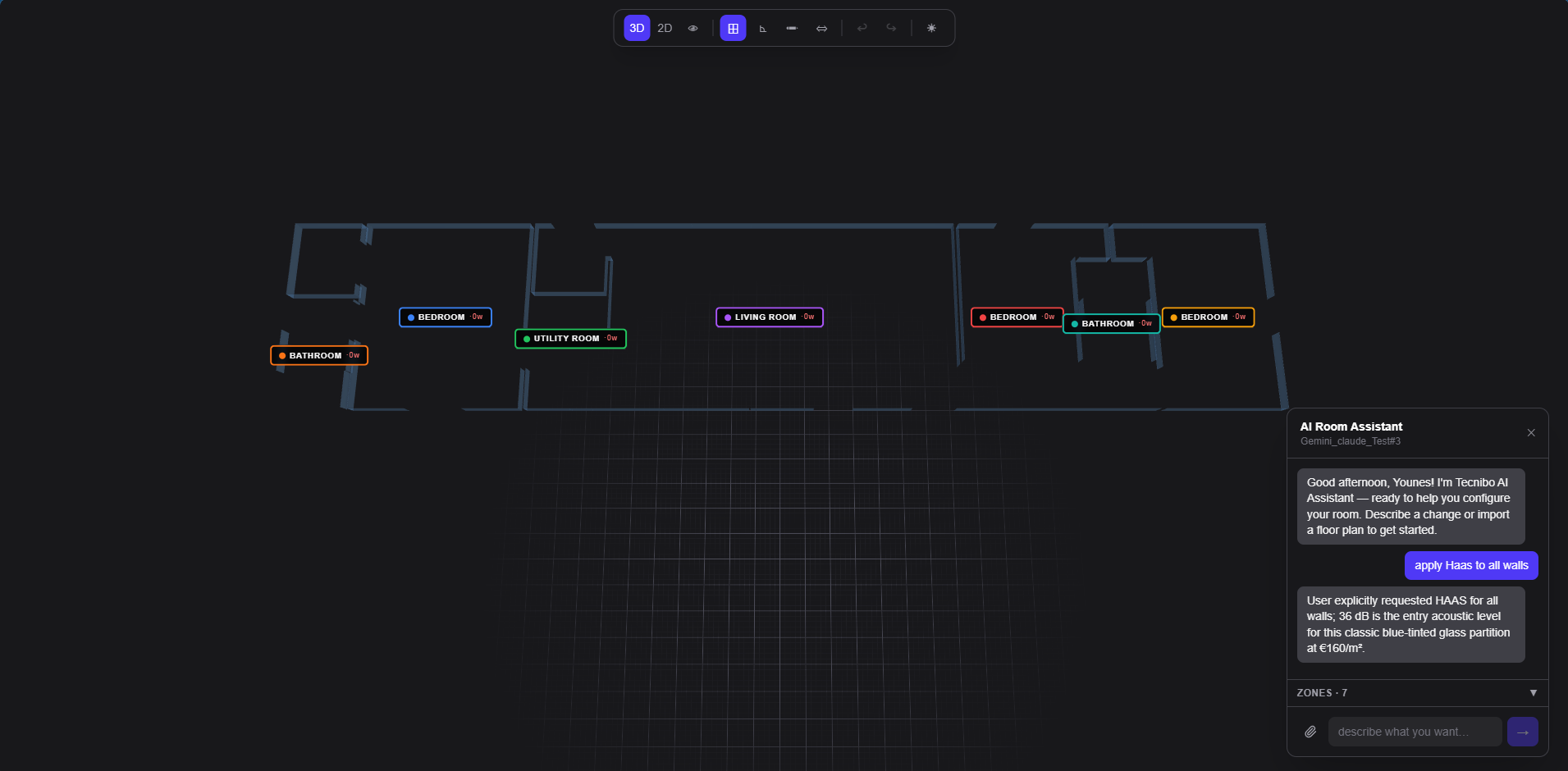 Generated 2D Layout — Top-down floor plan view with furniture placement, dimensions, and room boundaries.