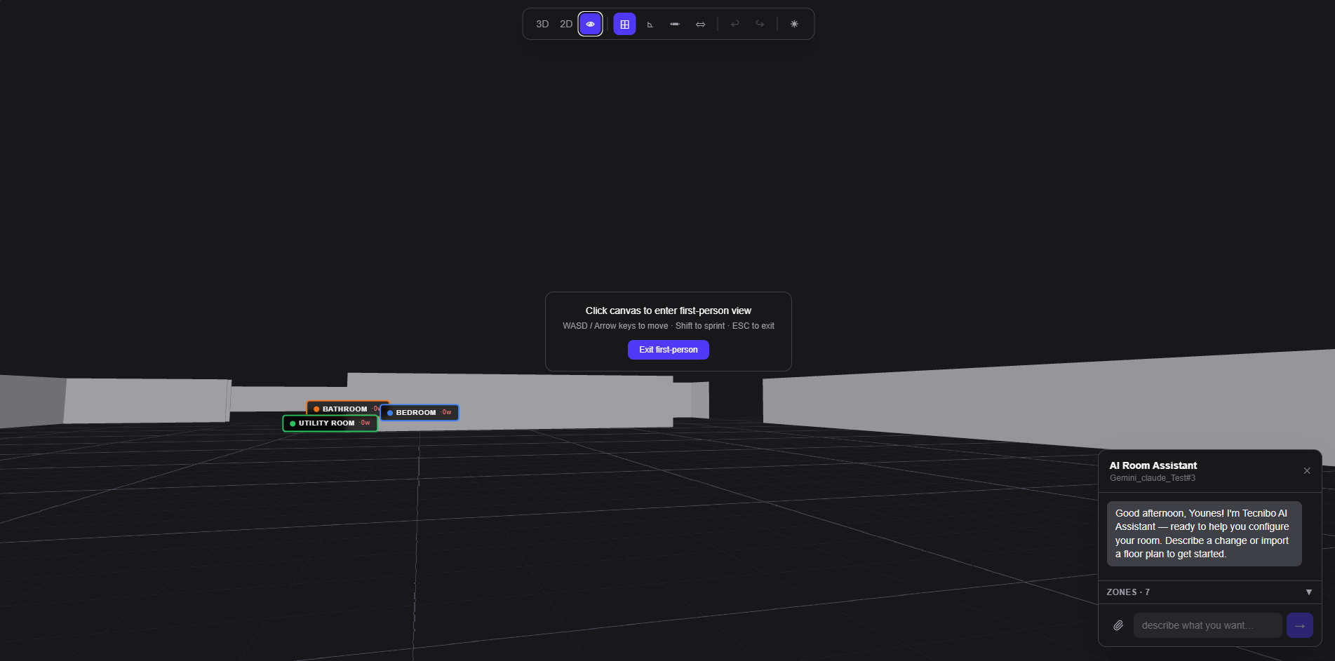 Interactive 3D Scene — The React Three Fiber canvas with orbit controls, selected object highlight, and transform gizmo.