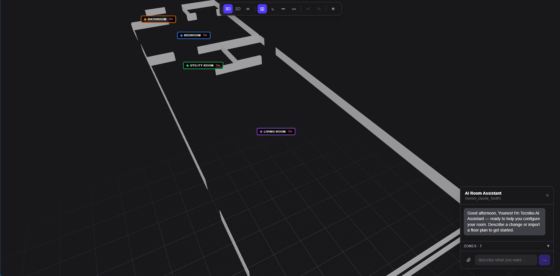 Chat Prompt Interface — The natural language input panel where users describe their room. Shows prompt history and generation state.