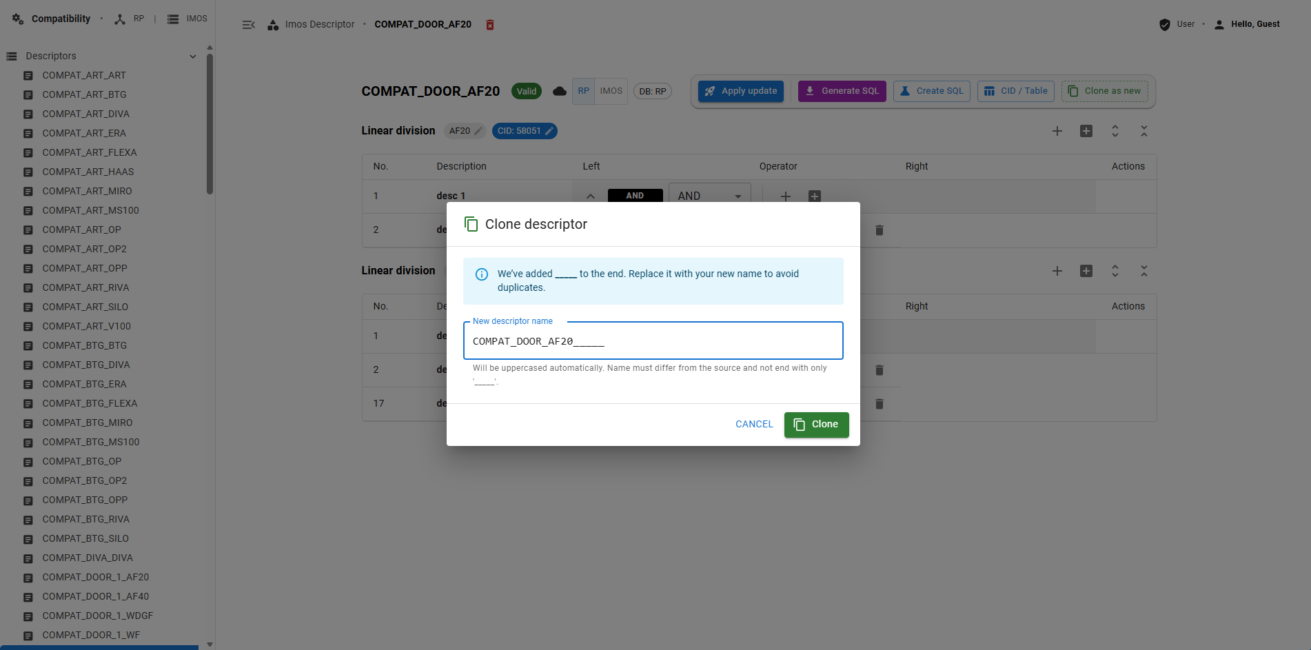 Compatibility Descriptor Clone — Clone workflow for rapidly creating new compatibility rule sets from existing validated descriptors.