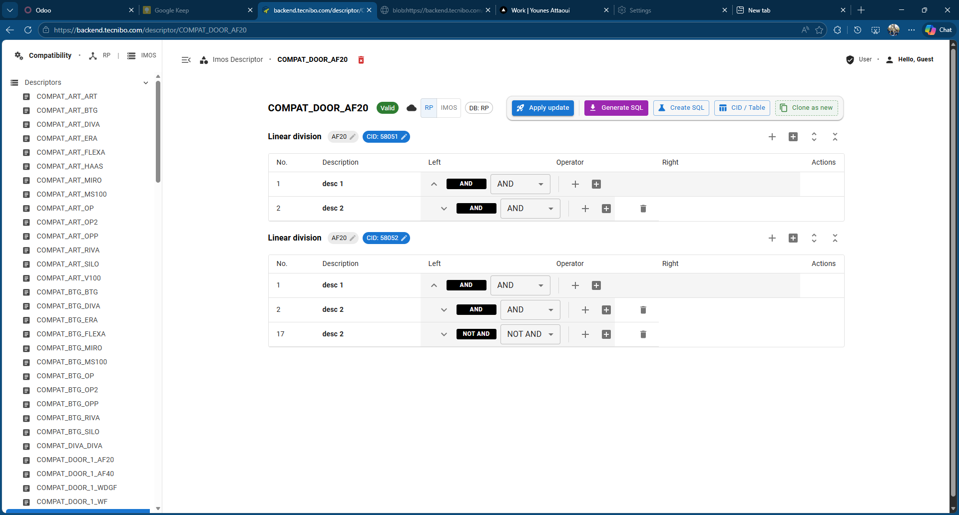 Compatibility Descriptor Editor — The rule editor where factory experts define AND/NOT AND compatibility trees for wall and panel combinations.