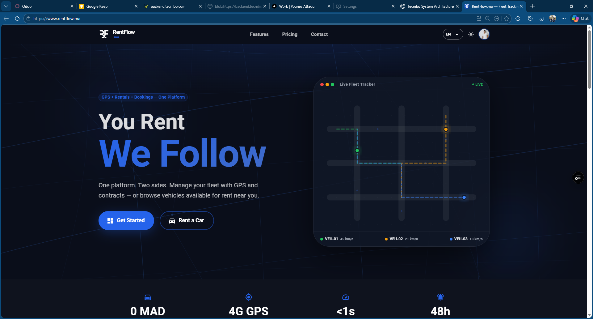 Fleet Dashboard — Live map showing all vehicles with status indicators, last ping time, and quick-action menu per vehicle.