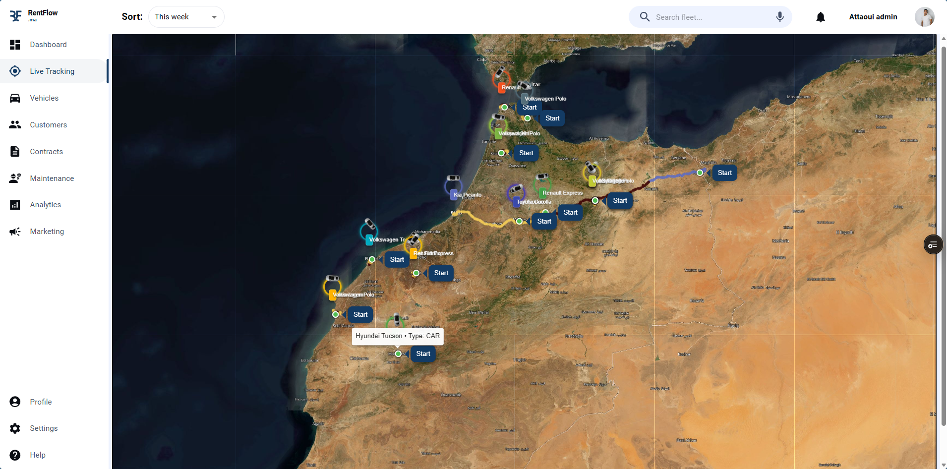 Live GPS Tracking — Real-time GPS map view showing vehicle positions updated via Server-Sent Events.