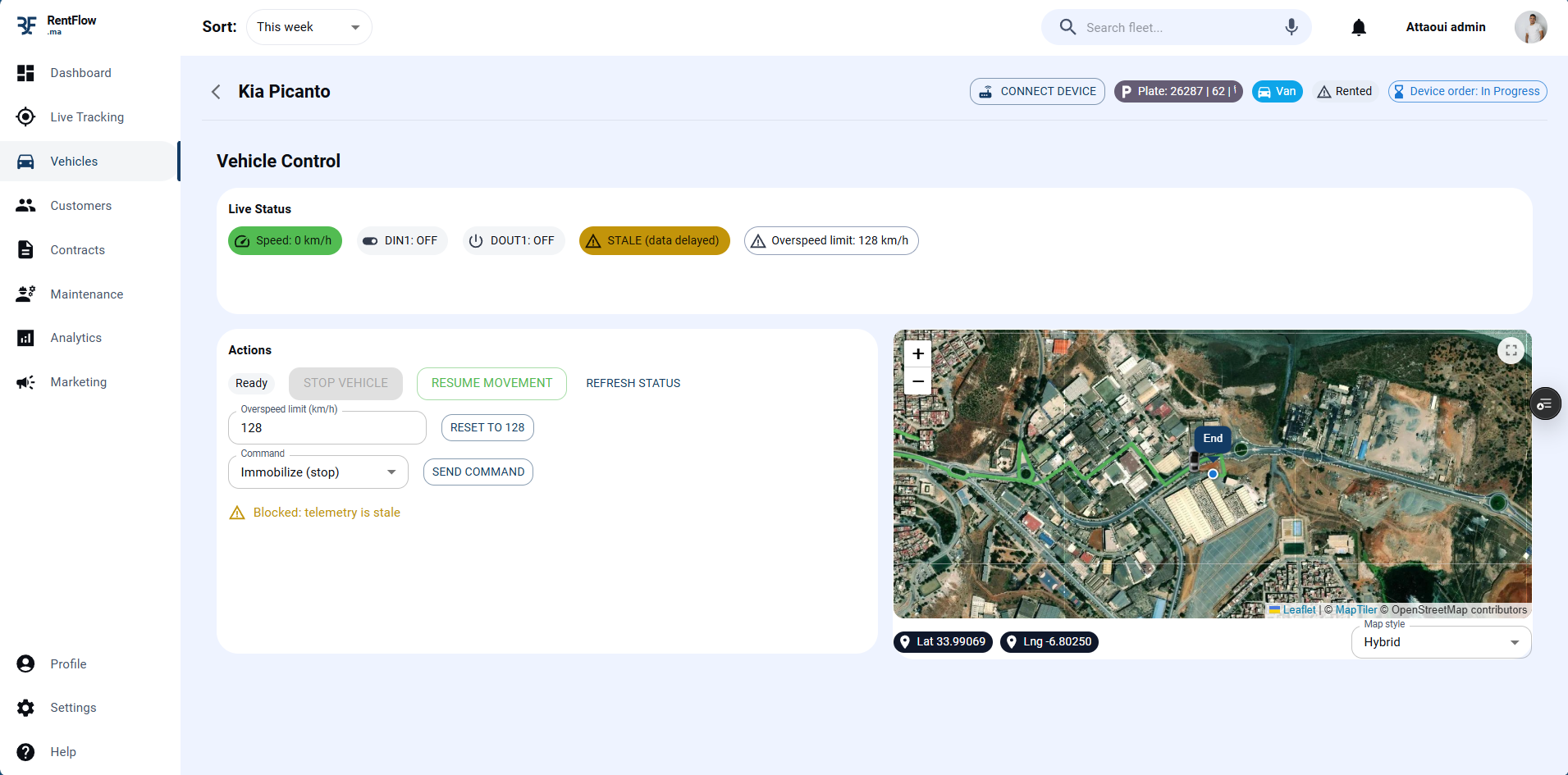 Vehicle Control Panel — Two-step immobilization workflow with speed gate, audit trail, and SMS alert to driver.