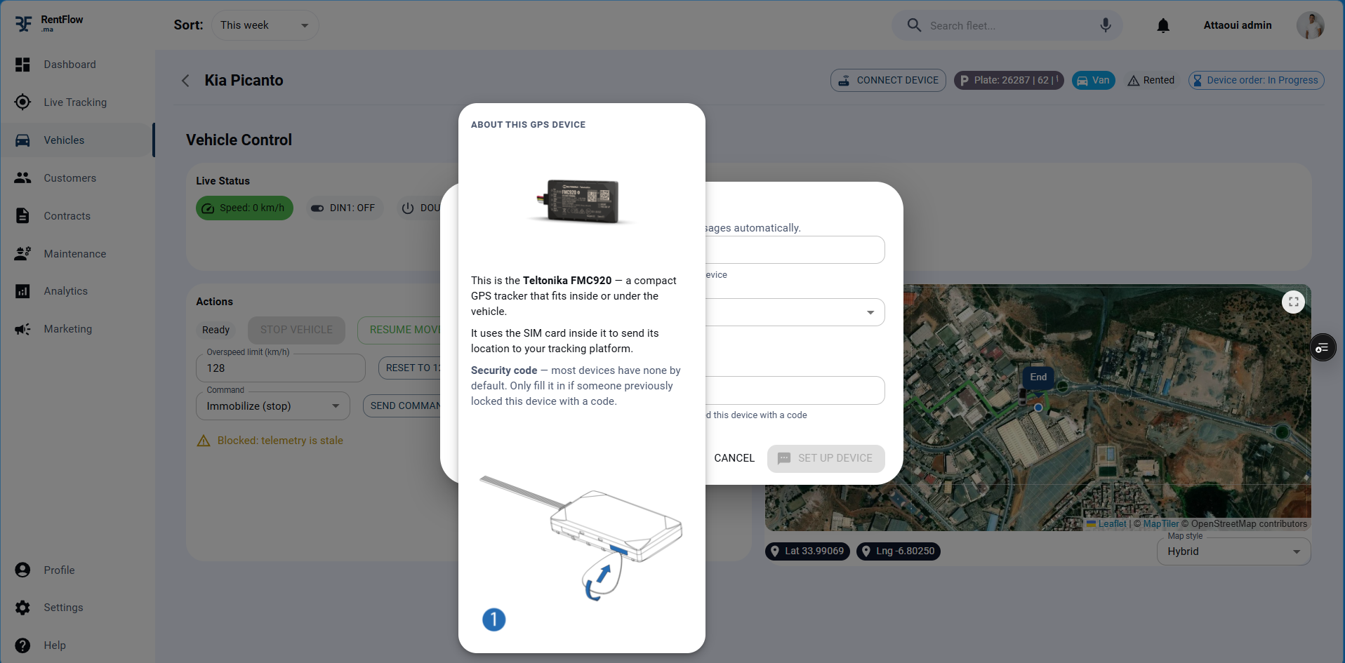 GPS Device Setup — GPS hardware onboarding flow linking Teltonika device IMEI to a vehicle in the fleet.